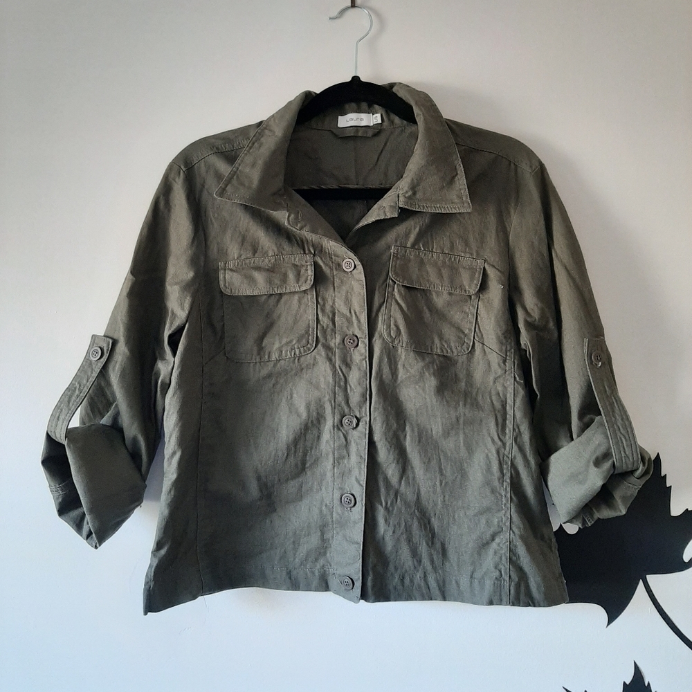 Army green roll-up button down collared shirt.